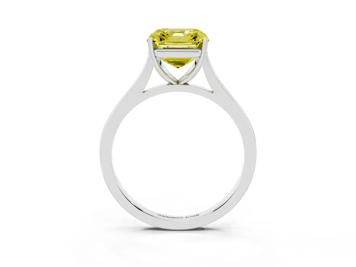 Fancy Yellow Asscher Cut Solitaire Heart Prong Engagement Ring with Tapered Band White gold