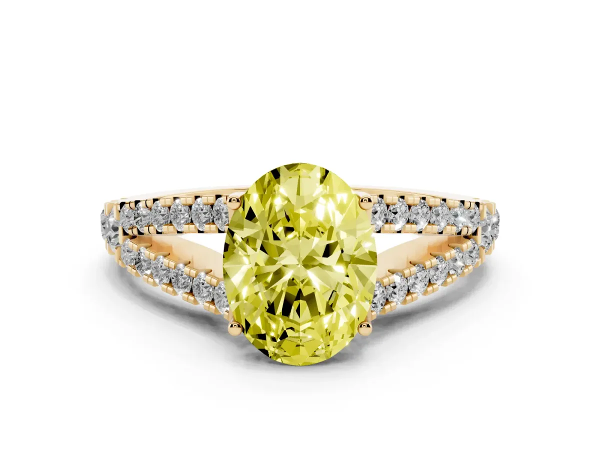 Fancy Yellow Oval Cut Diamond Split Shank Pavé Engagement Ring with Four-Prong Setting Yellow gold
