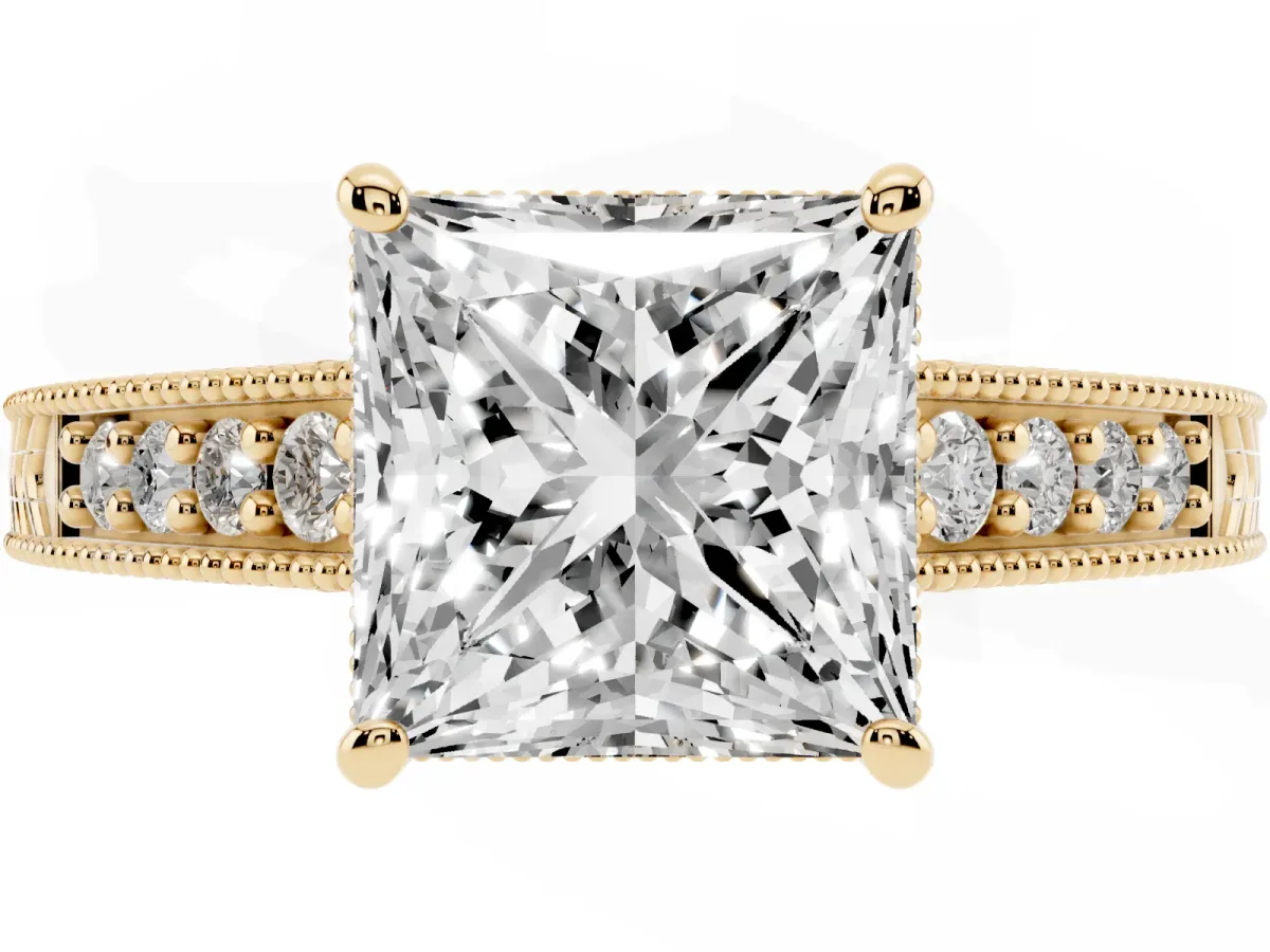 Princess Cut Solitaire Pavé Diamond Milgrain Engagement Ring with Four-Prong Setting Yellow gold