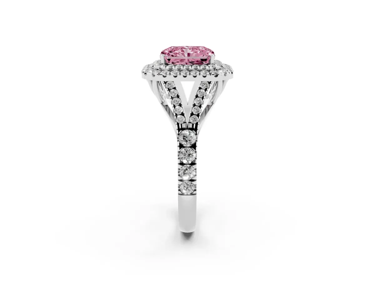 Fancy Pink Radiant Cut Diamond Double Halo Ring with Split Shank and Prong Setting Platinum