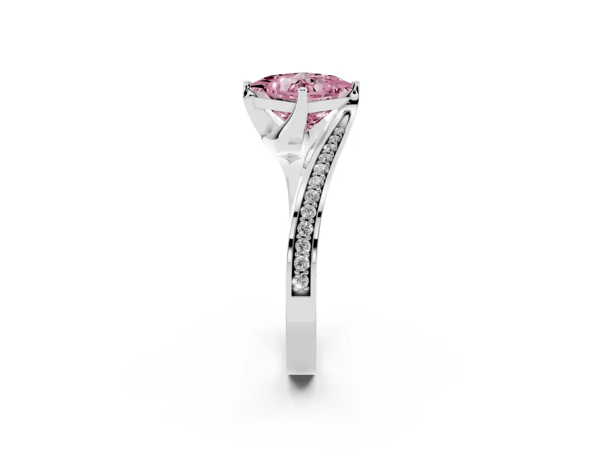 Fancy Pink Princess Cut Solitaire Diamond Twist Band with Pavé Setting and Four-Prong Setting Silver