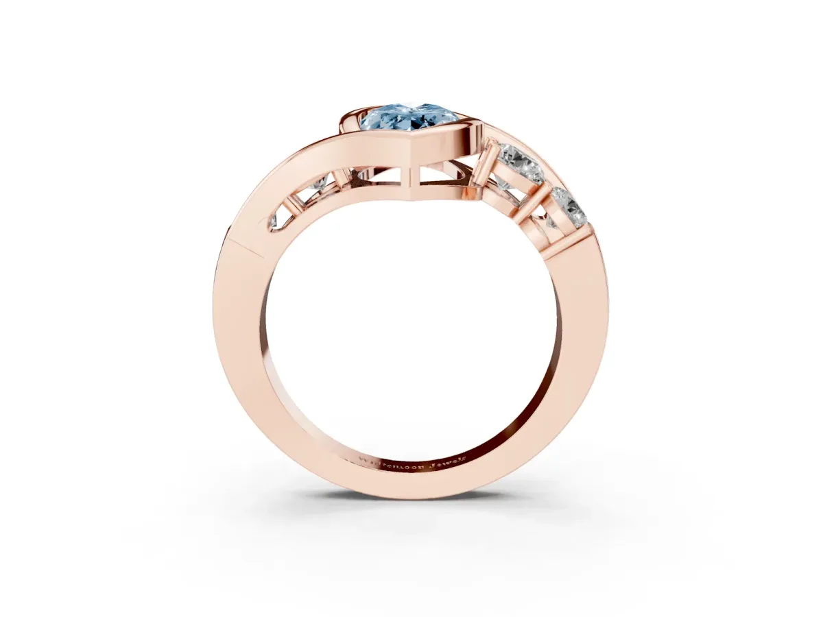 Fancy Blue Bezel Set Marquise Cut Diamond Bypass Ring with Round Accents Rose gold