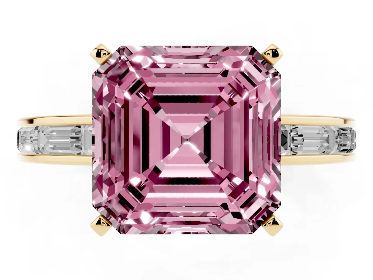 Fancy Pink Asscher Cut Solitaire Diamond Ring with Channel-Set Baguette Band and Four-Prong Setting Yellow gold