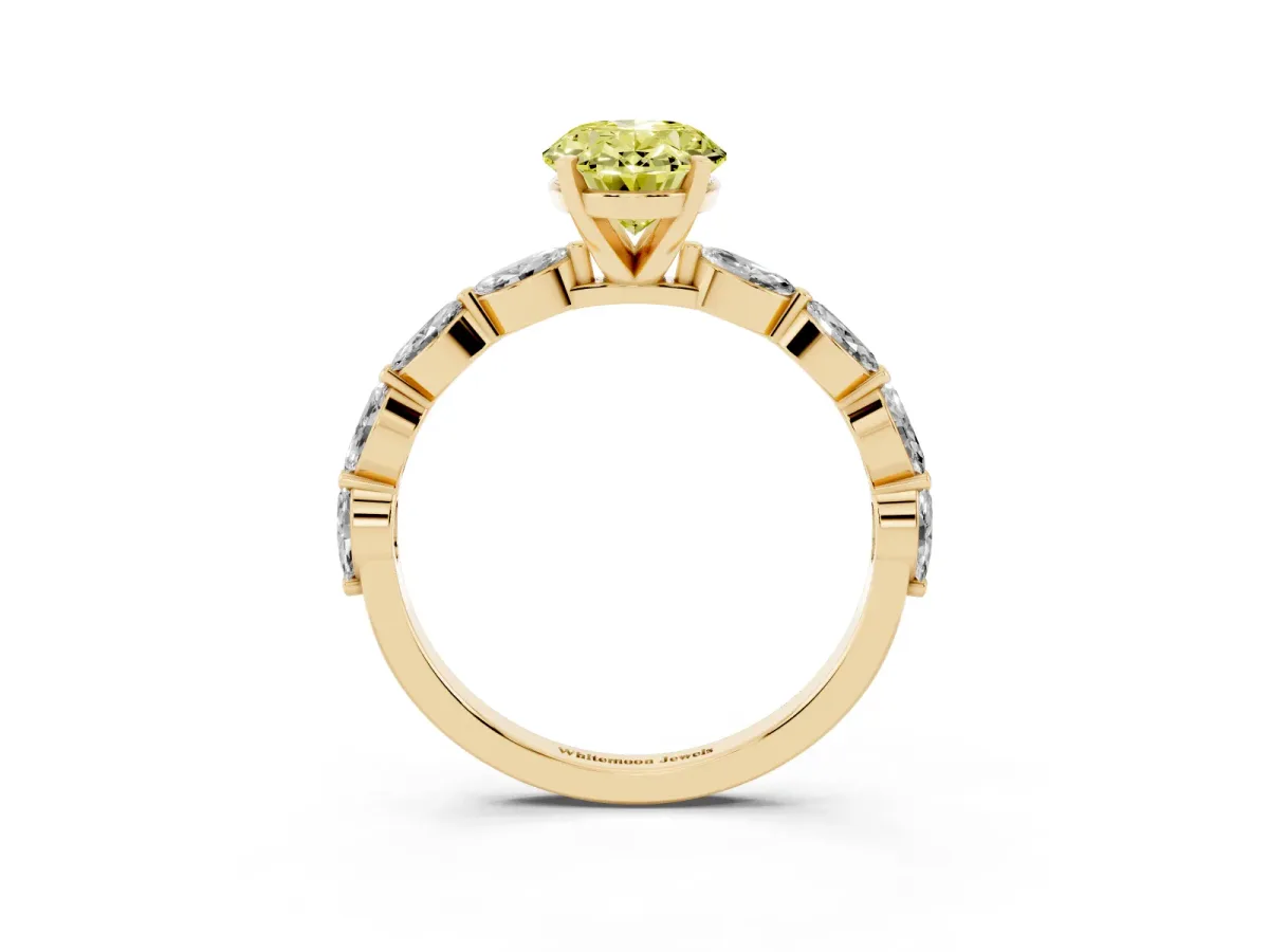Fancy Yellow Oval Cut Diamond Ring with Marquise Side Stones and Prong Setting Yellow gold
