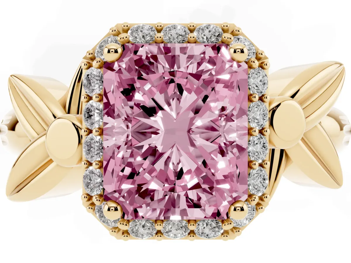 Fancy Pink Radiant Cut Halo Diamond Floral Band with Four-Prong Setting Yellow gold