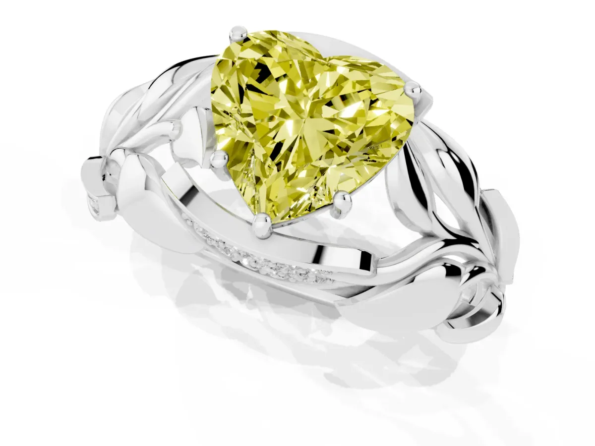 Fancy Yellow Heart Cut Diamond Leaf-Inspired Engagement Ring with Round Accents and Prong Setting Silver
