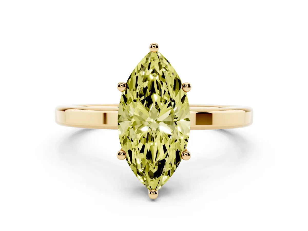 Fancy Yellow Marquise Cut Cut Solitaire Engagement Ring with Four-Prong Setting on a Classic Band Yellow gold