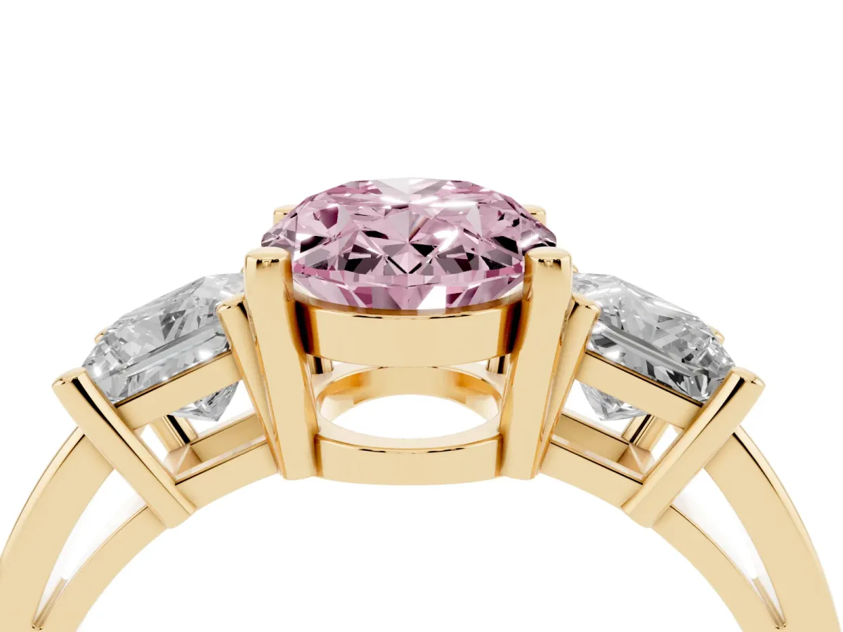 Fancy Pink Three-Stone Oval Cut Cut Solitaire Ring with Prong Setting Yellow gold