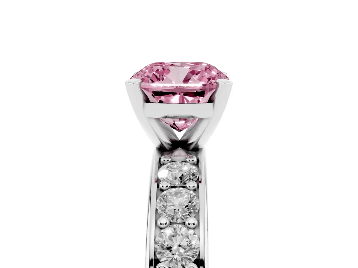 Fancy Pink Cushion Cut Diamond Engagement Ring with Channel Set Round Band and Prong Setting White gold