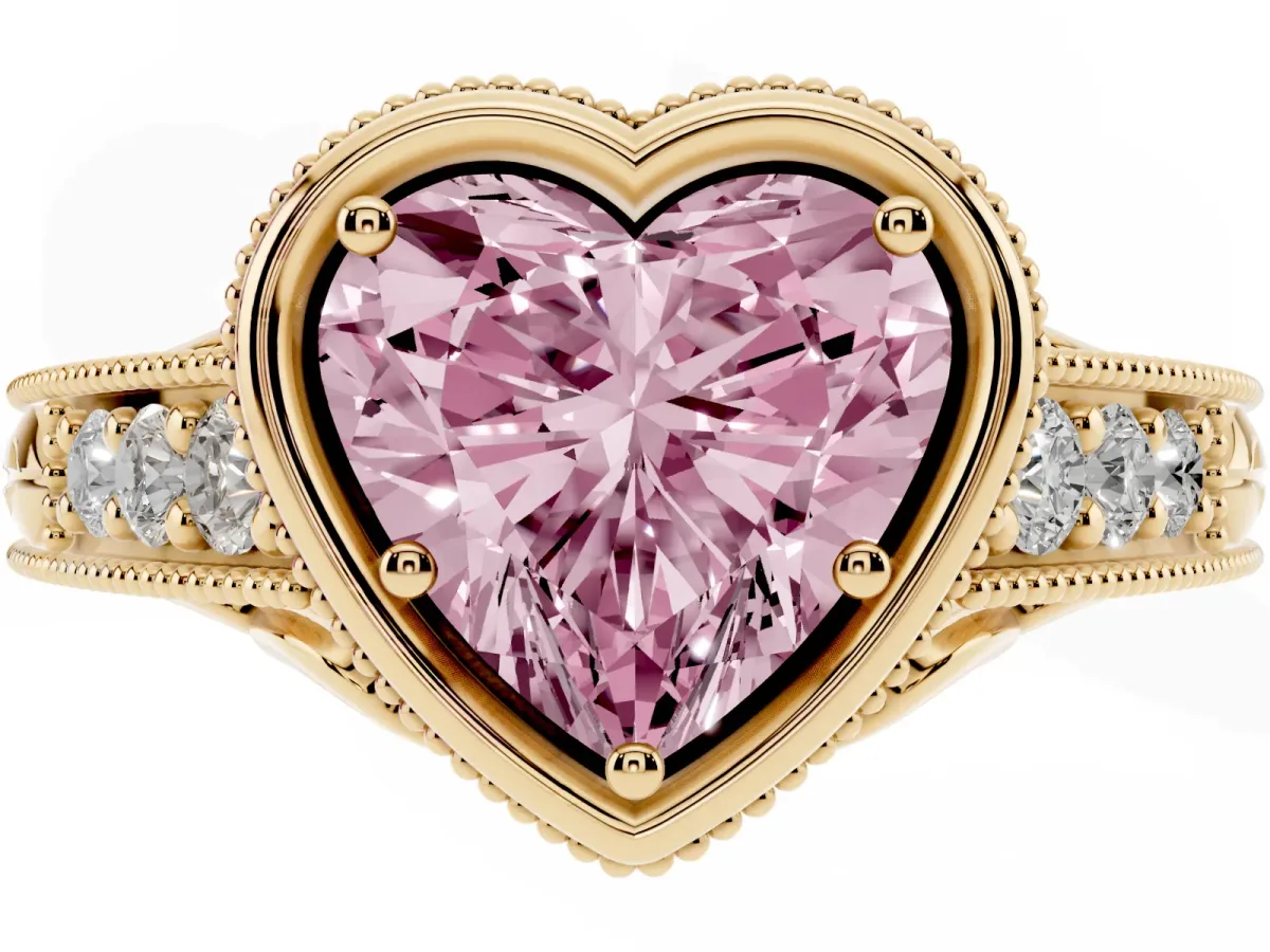 Fancy Pink Bezel Set Heart Cut Diamond Milgrain Pave Engagement Ring Yellow gold
