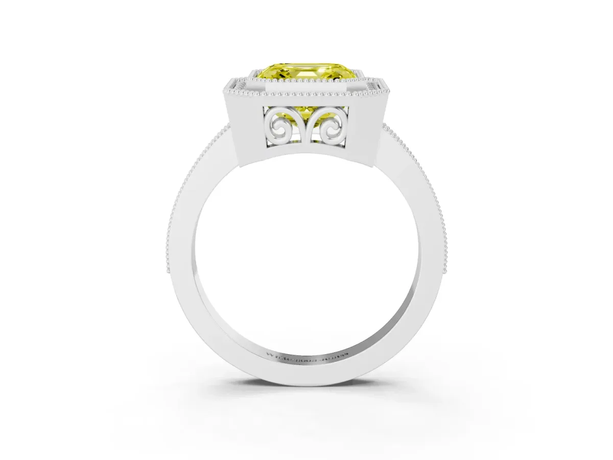 Fancy Yellow Asscher Cut Cut Halo Diamond Ring with Pavé Band and Milgrain Prong Setting Silver