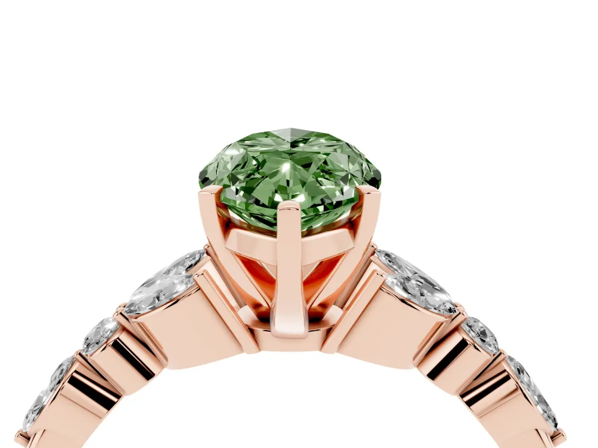 Fancy Green Marquise Cut Diamond Solitaire Ring with Side Stones and Four-Prong Setting Rose gold