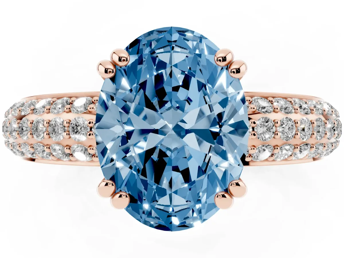 Fancy Blue Oval Cut Diamond Solitaire Ring with Multi-Row Round Pavé Band and Prong Setting Rose gold