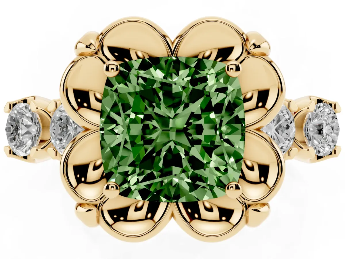Fancy Green Cushion Cut Cut Diamond Floral Halo Engagement Ring with Shared Prong Setting Yellow gold