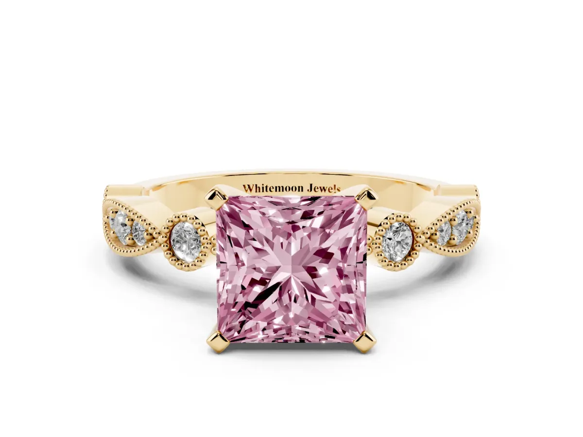 Fancy Pink Princess Cut Milgrain Bezel Diamond Engagement Ring with Solitaire Prong Setting Yellow gold