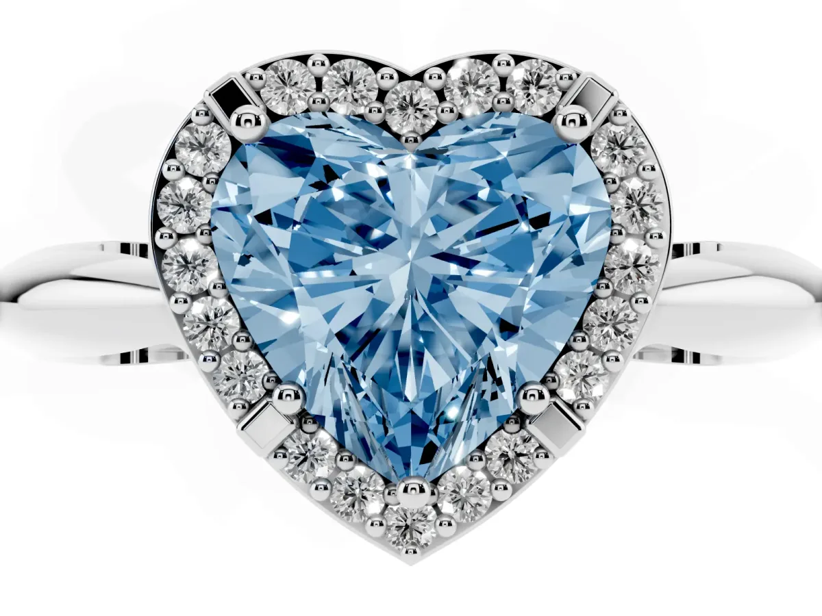 Fancy Blue Heart Cut Cut Diamond Halo Engagement Ring with Split Shank and Four-Prong Setting Silver