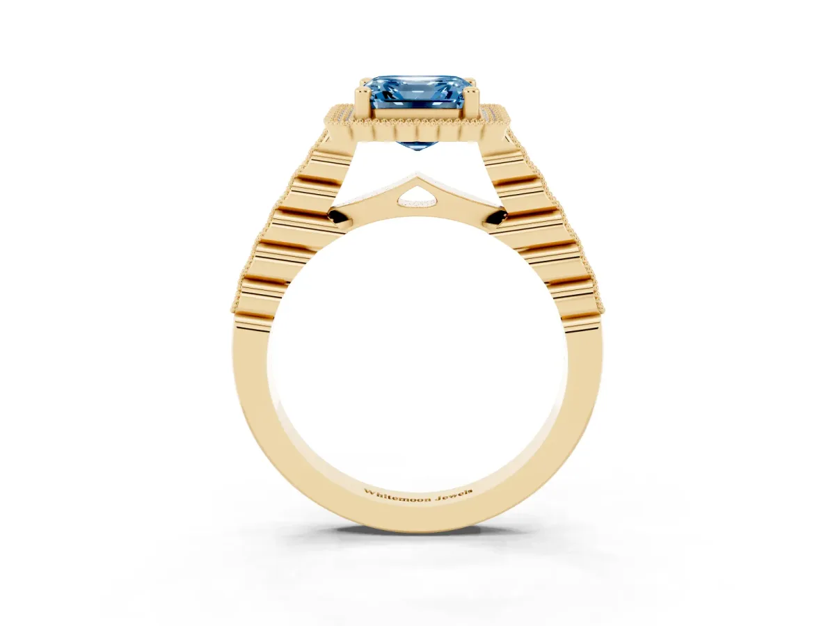 Fancy Blue Asscher Cut Cut Halo Pavé Solitaire Ring with Milgrain Band Yellow gold