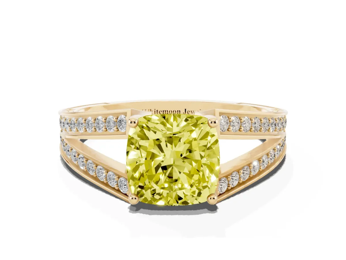 Fancy Yellow Cushion Cut Diamond Split Shank Ring with Pavé Band and Four-Prong Setting Yellow gold