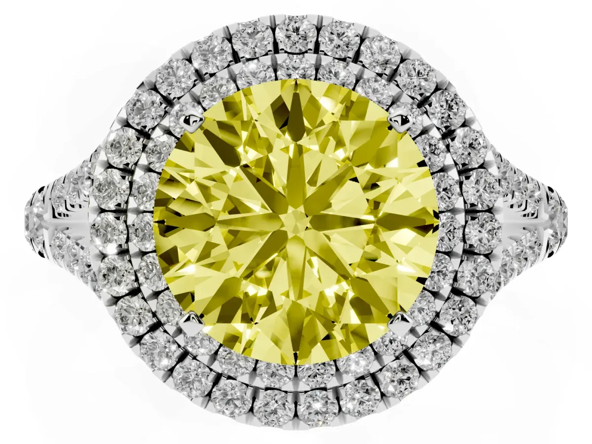 Fancy Yellow Double Halo Round Cut Diamond Split Shank Engagement Ring with Four-Prong Setting Silver