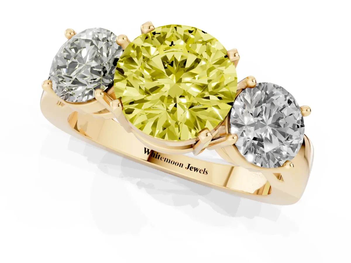 Fancy Yellow Three-Stone Round Cut Diamond Ring with Round Side Stones, Classic Band, and Four-Prong Setting Yellow gold
