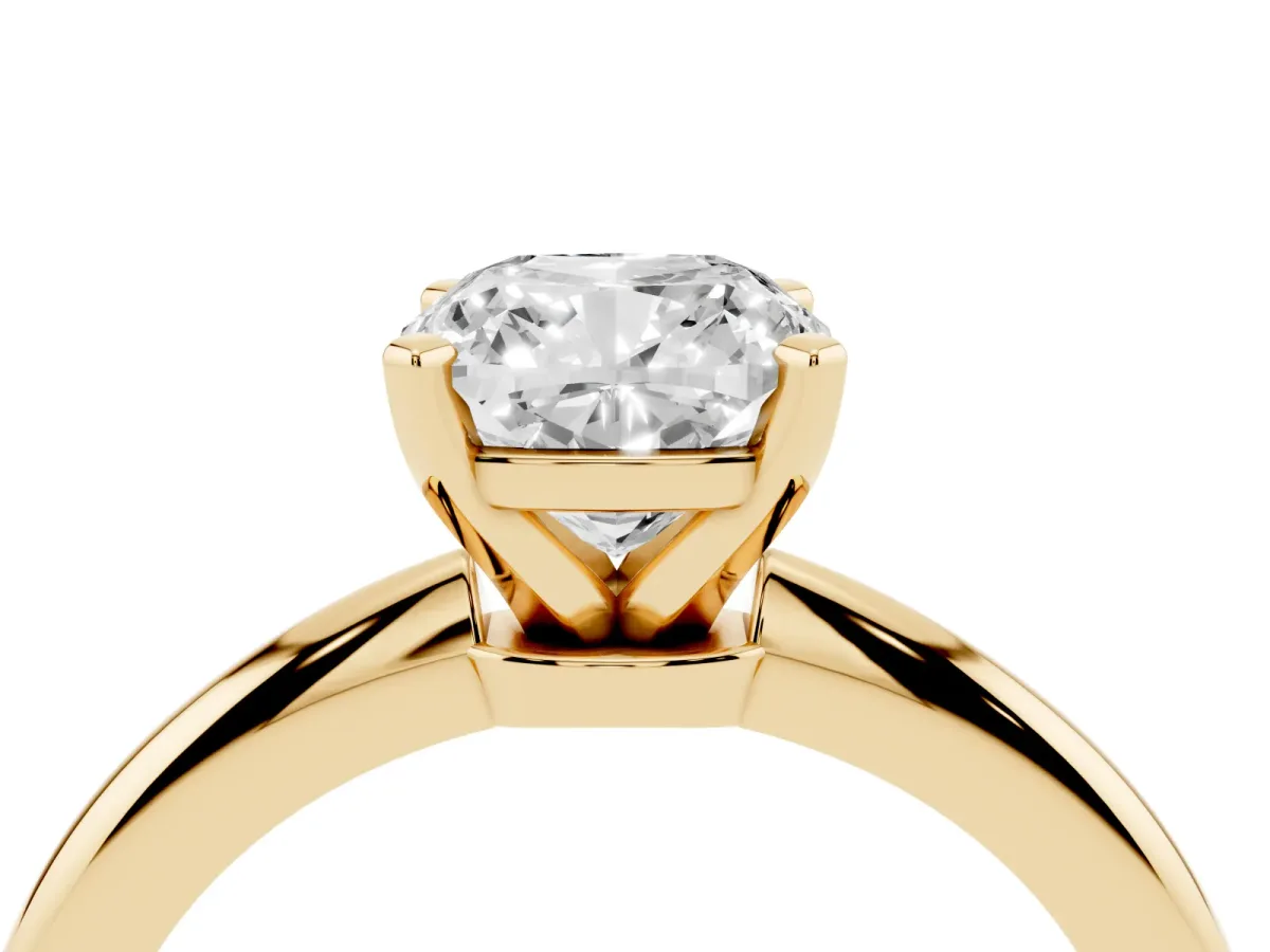 Cushion Cut Diamond Solitaire Ring with Prong Setting and Classic Band Yellow gold