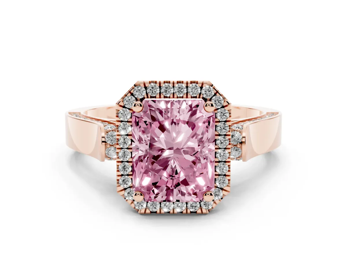 Fancy Pink Radiant Cut Halo Pave Split Shank Prong Setting Ring Rose gold