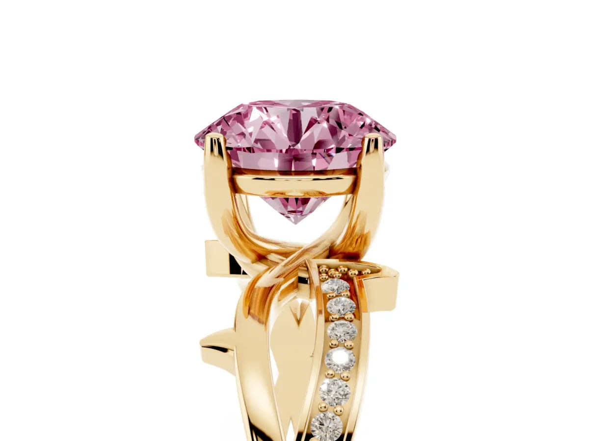 Fancy Pink Round Cut Solitaire Twist Band with Pavé Accents and Four-Prong Setting Yellow gold