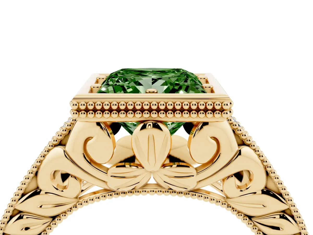 Fancy Green Bezel Set Princess Cut Diamond Milgrain Pave Engagement Ring Yellow gold