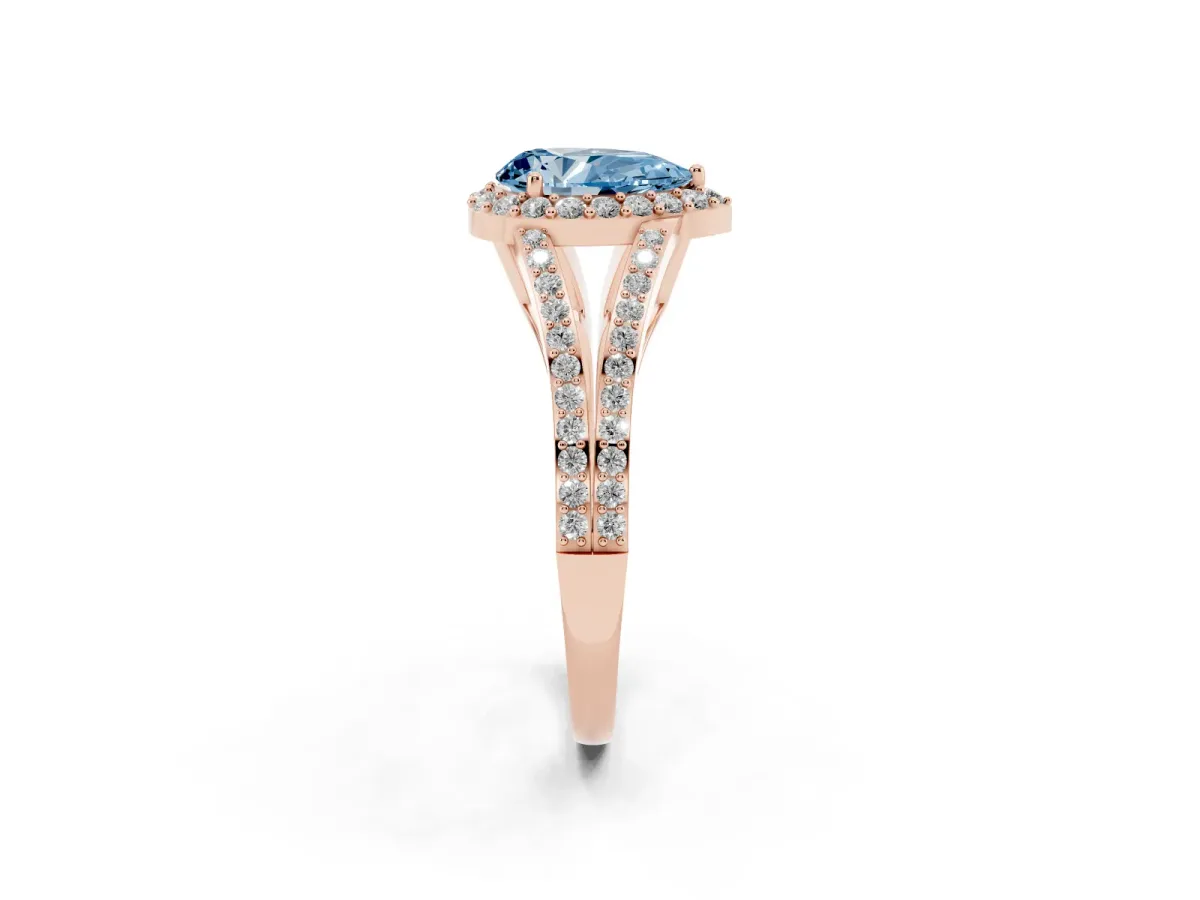Fancy Blue Pear Cut Halo Split Shank Diamond Ring with Prong Setting Rose gold