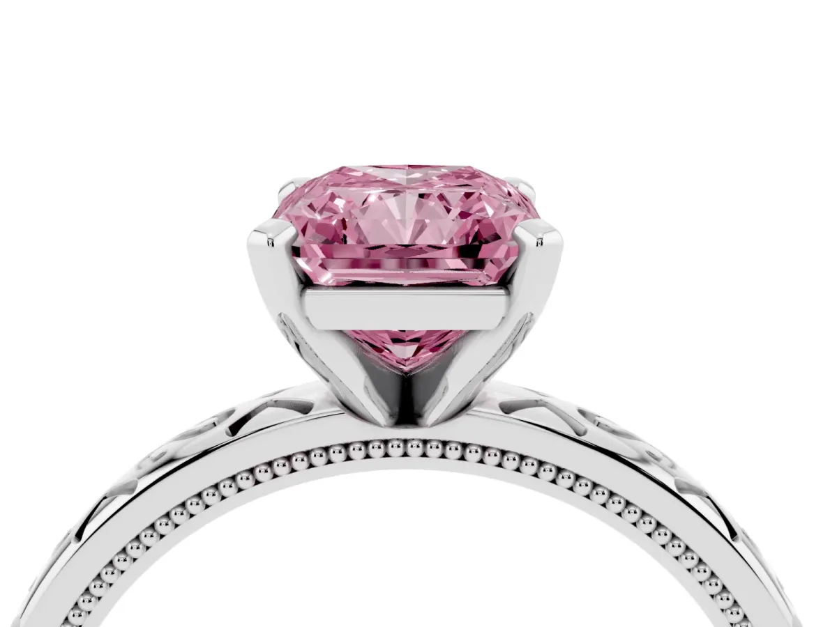 Fancy Pink Radiant Cut Solitaire Engagement Ring with Scrollwork Band and Four-Prong Setting Silver