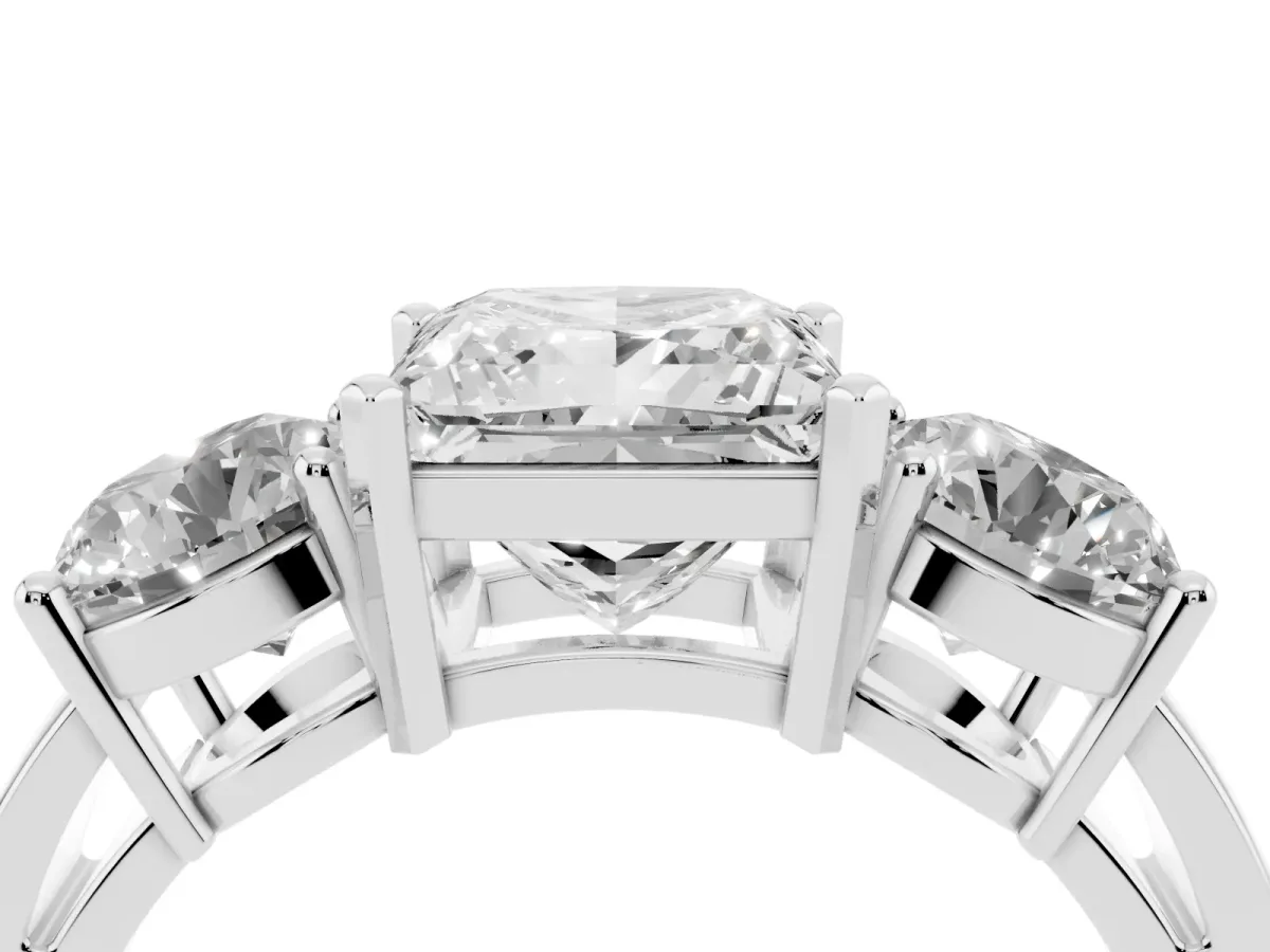 Three-Stone Princess Cut Diamond Ring with Round Side Stones, Classic Band, and Four-Prong Setting White gold