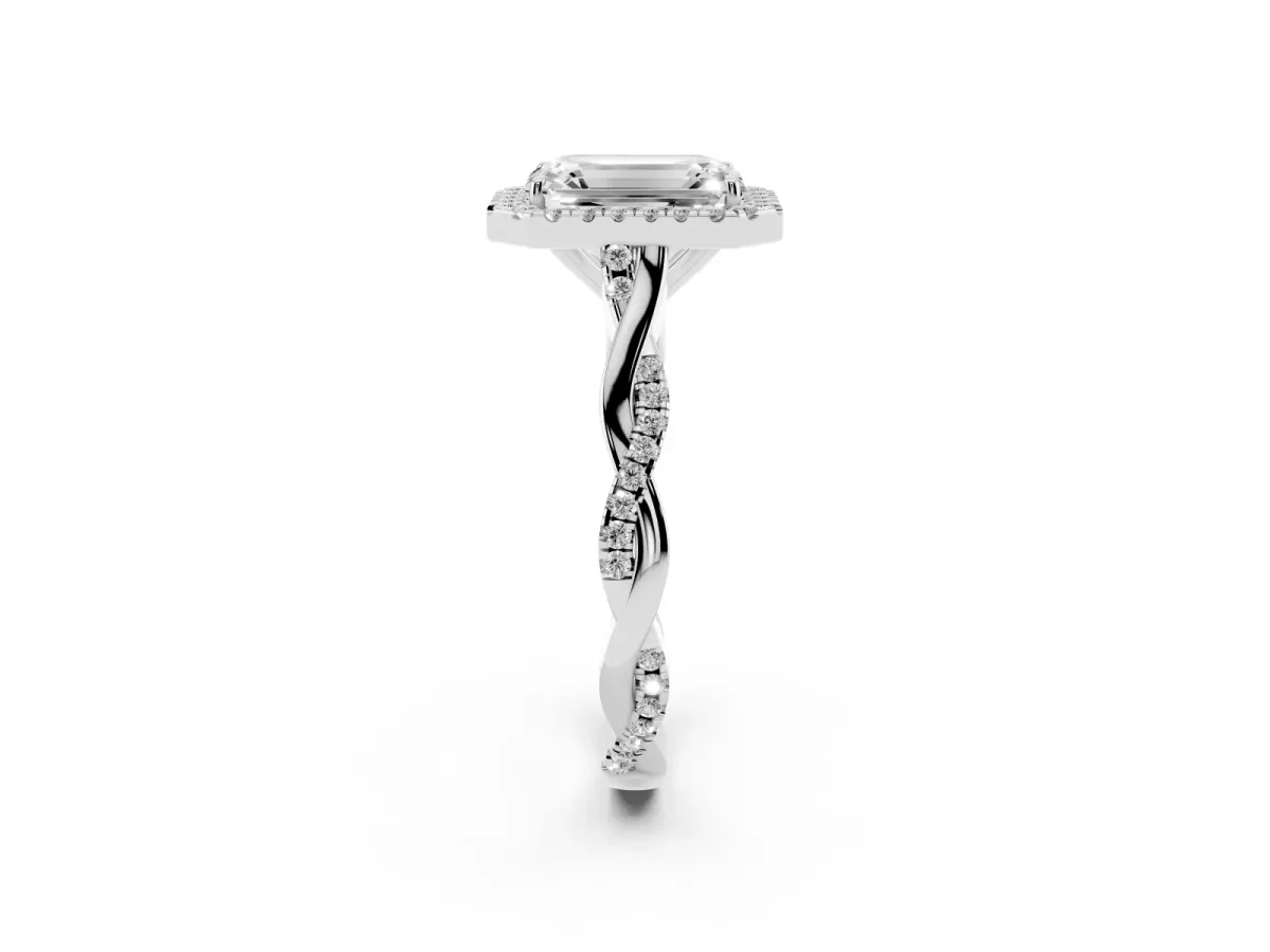 Emerald Cut Halo Twist Band Solitaire Ring Silver