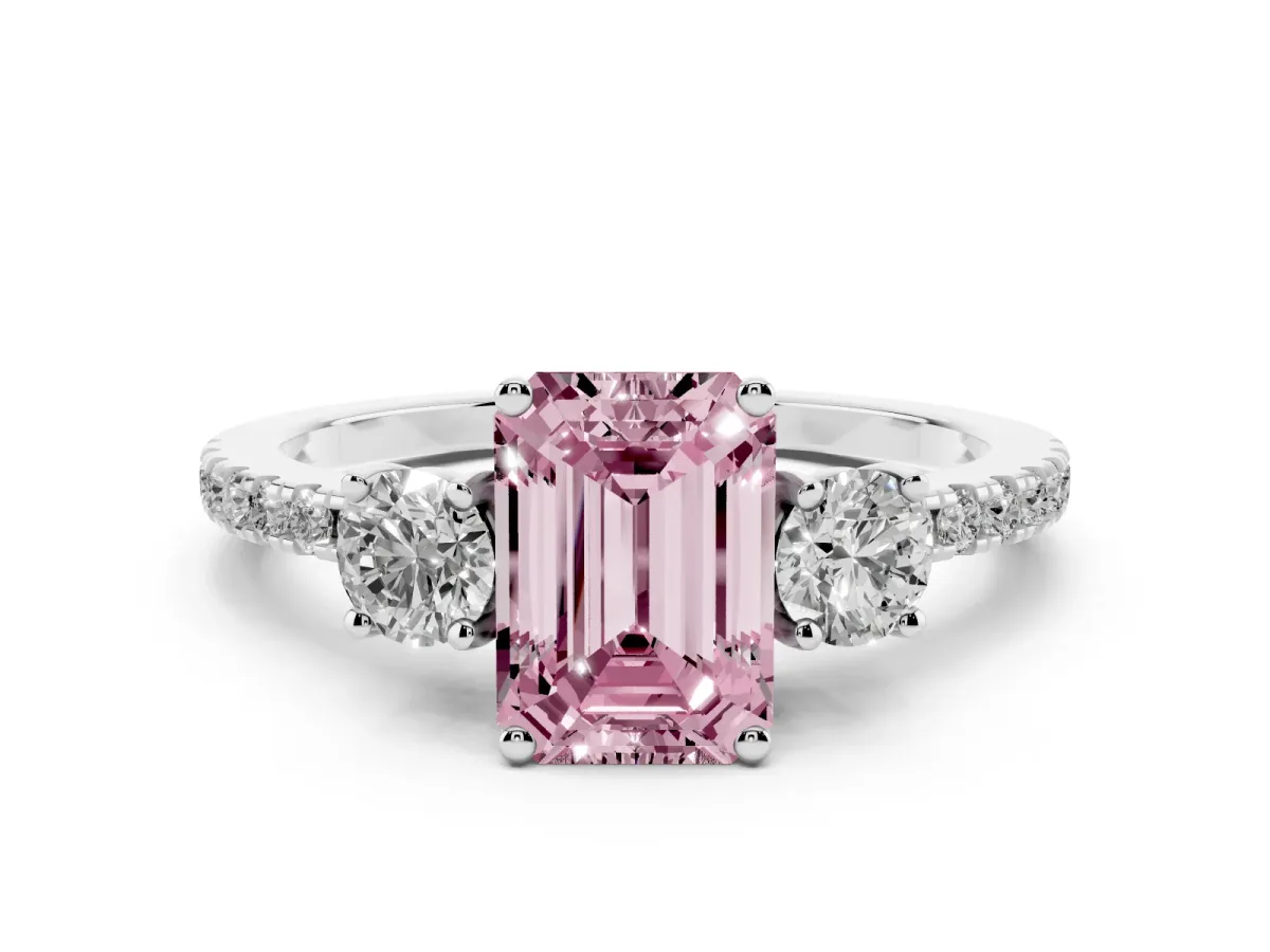 Fancy Pink Three-Stone Emerald Cut Cut Diamond Pavé Band with Prong Setting Silver