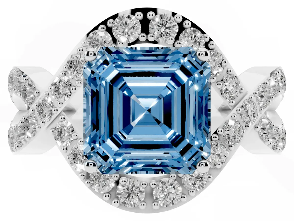 Fancy Blue Asscher Cut Solitaire Twist Band Pavé Diamond Engagement Ring Platinum