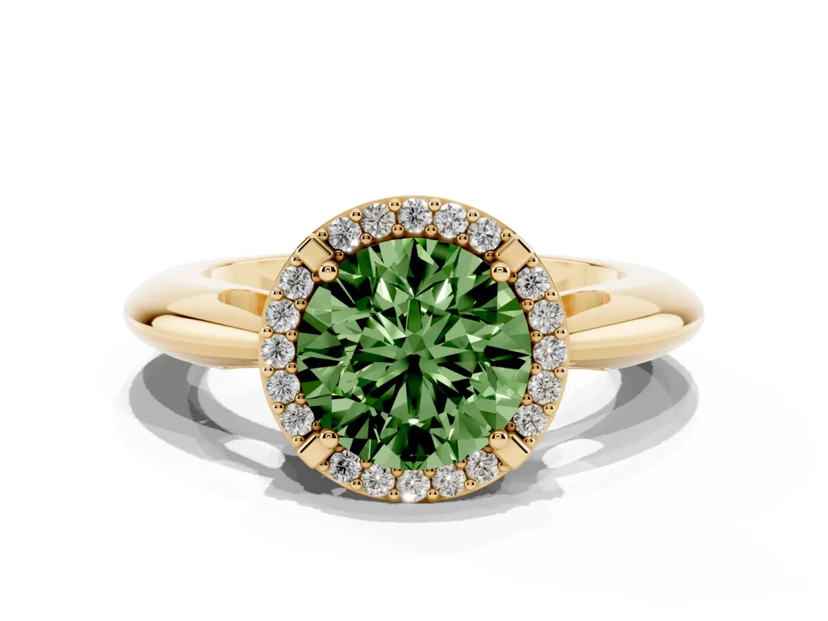 Fancy Green Round Cut Cut Diamond Halo Engagement Ring with Split Shank and Four-Prong Setting Yellow gold