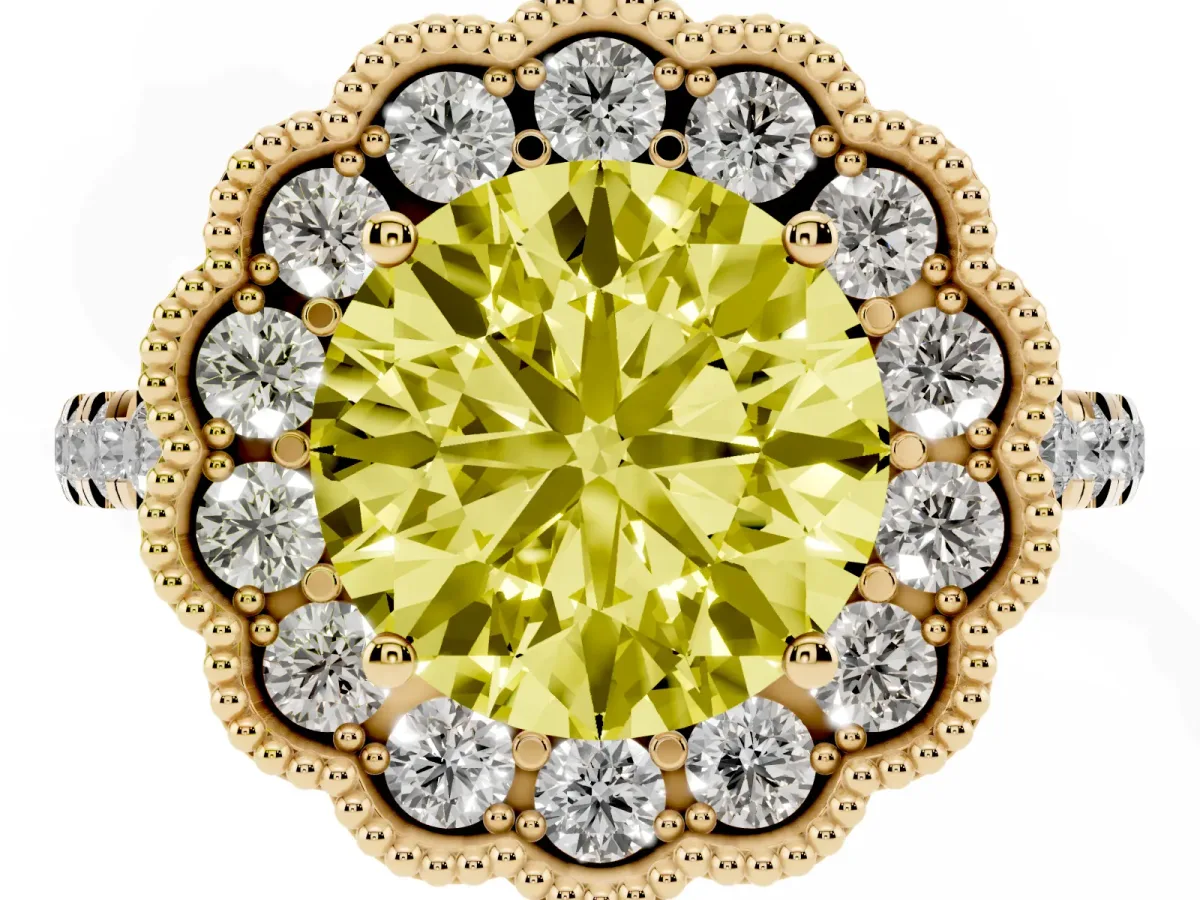 Fancy Yellow Round Cut Cut Diamond Milgrain Floral Halo Engagement Ring with Pavé Band Yellow gold