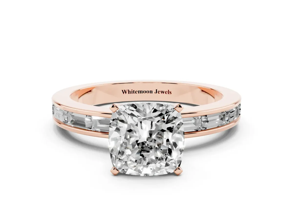 Cushion Cut Solitaire Diamond Ring with Channel-Set Baguette Band and Four-Prong Setting Rose gold