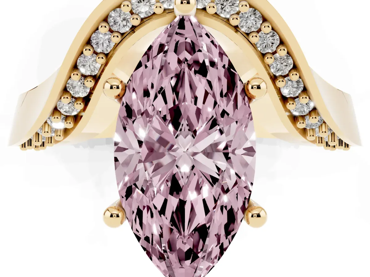 Fancy Pink Marquise Cut Solitaire Diamond Engagement Ring with Pave Band and Four-Prong Setting Yellow gold