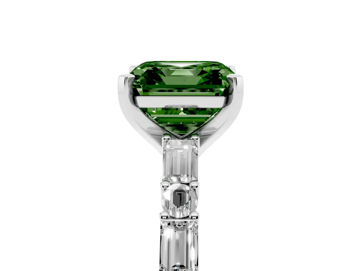 Fancy Green Asscher Cut Diamond Solitaire with Side Baguettes and Channel Set Band Silver