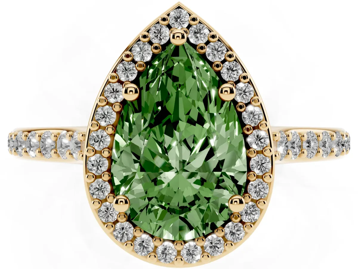Fancy Green Pear Cut Diamond Halo Engagement Ring with Round Pavé Shoulders and Prong Setting Yellow gold