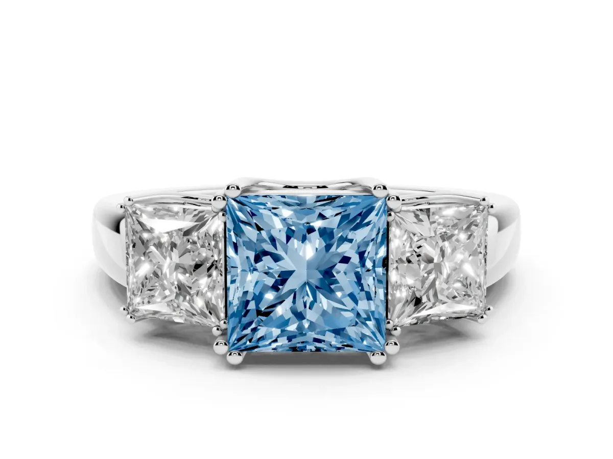 Fancy Blue Three-Stone Princess Cut Cut Diamond Ring with Channel Set Band and Four-Prong Setting Platinum