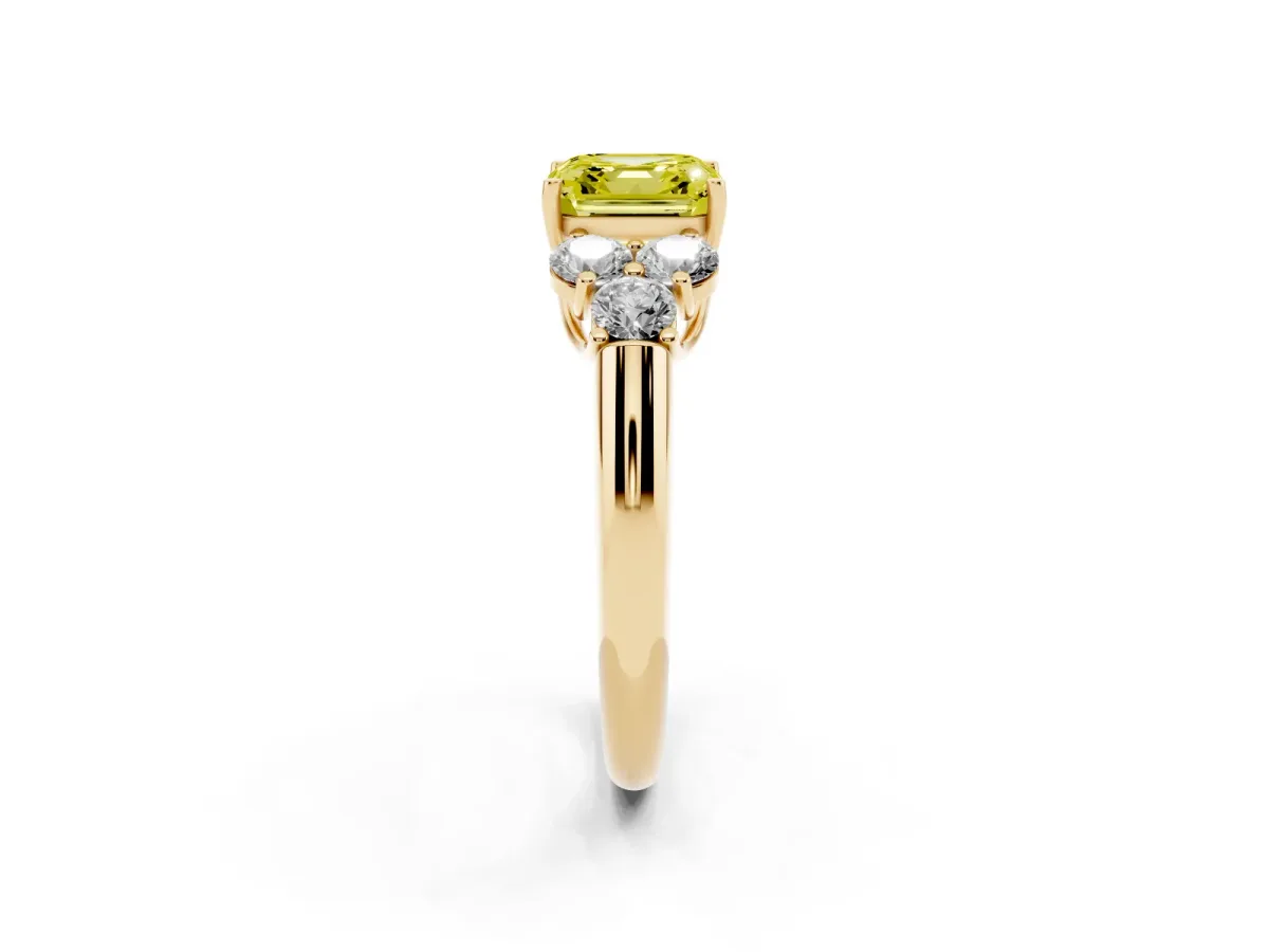 Fancy Yellow Asscher Cut Cut Diamond Cluster Ring with Round Accent Stones and Prong Setting on a Classic Band Yellow gold