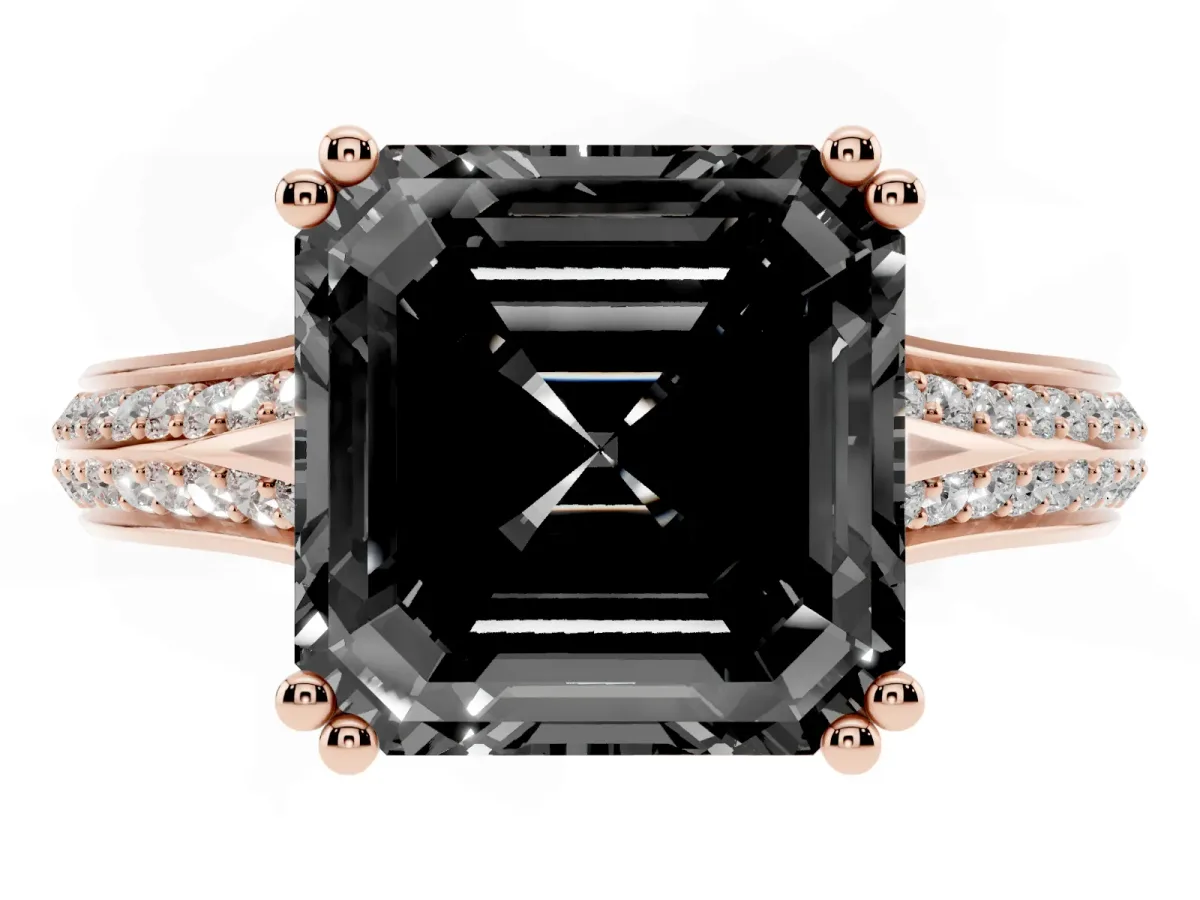 Fancy Black Asscher Cut Diamond Split Shank Engagement Ring with Pavé Band Rose gold