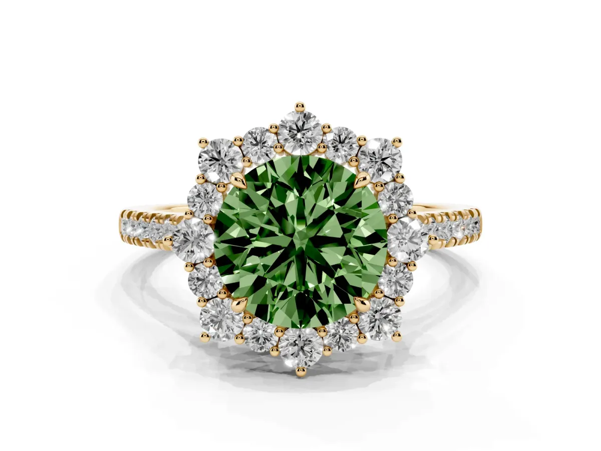 Fancy Green Round Cut Halo Diamond Ring with Pavé Band and Prong Setting Yellow gold
