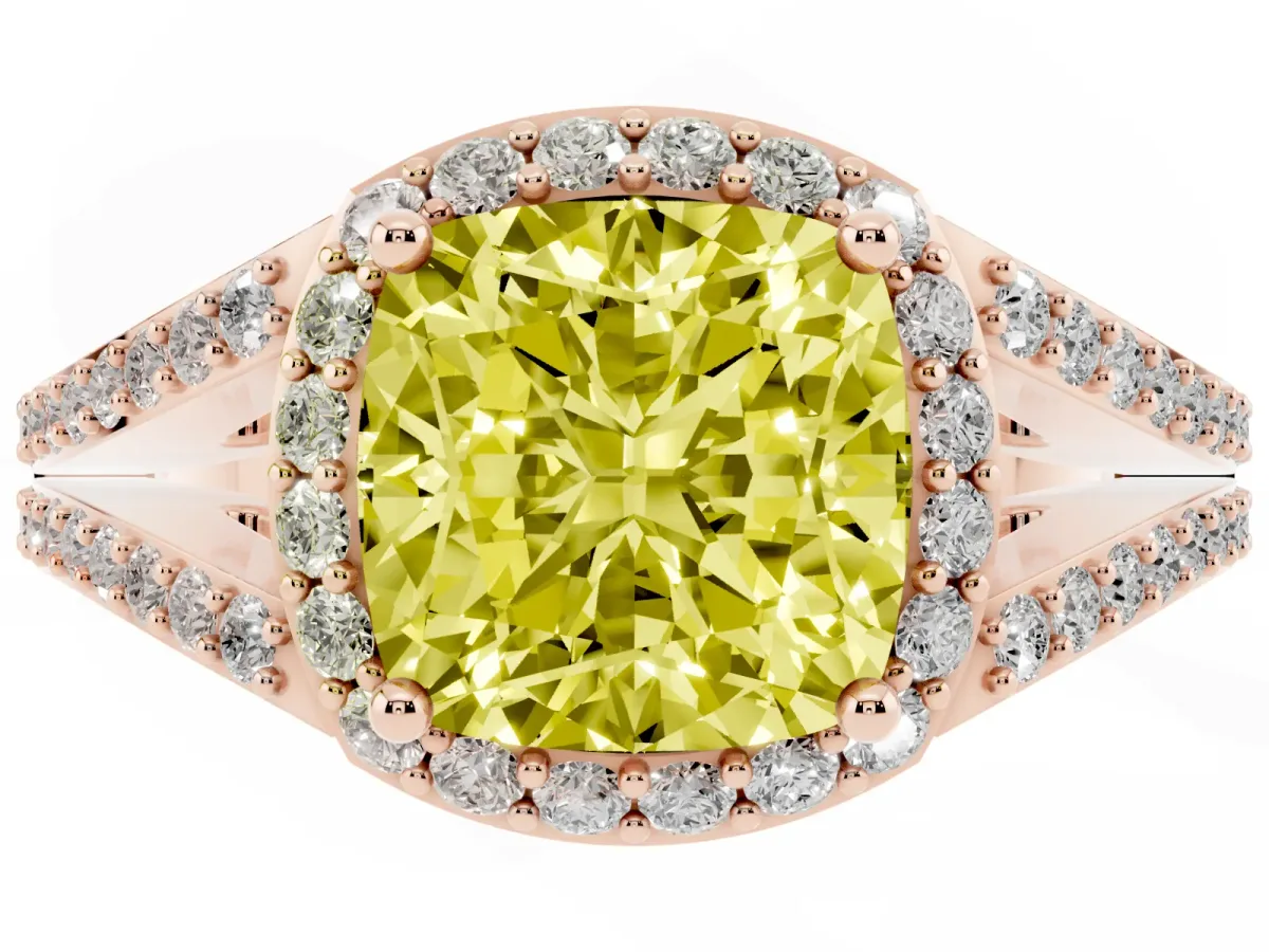 Fancy Yellow Cushion Cut Halo Split Shank Pave Diamond Ring with Four-Prong Setting Rose gold