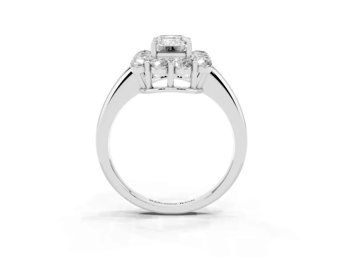 Emerald Cut Halo Cluster Diamond Engagement Ring with Prong Setting and Polished Band Silver