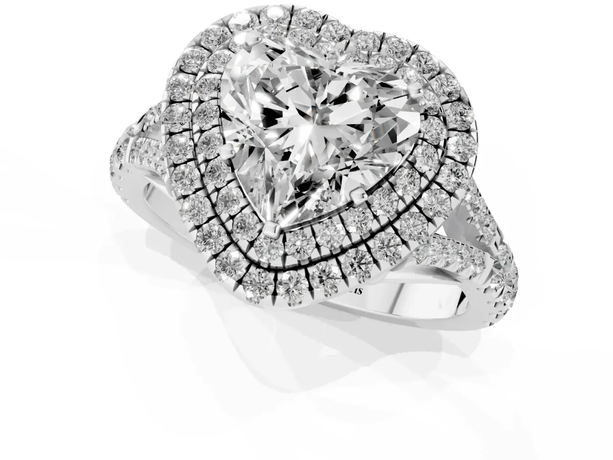 Double Halo Heart Cut Diamond Split Shank Engagement Ring with Four-Prong Setting Silver