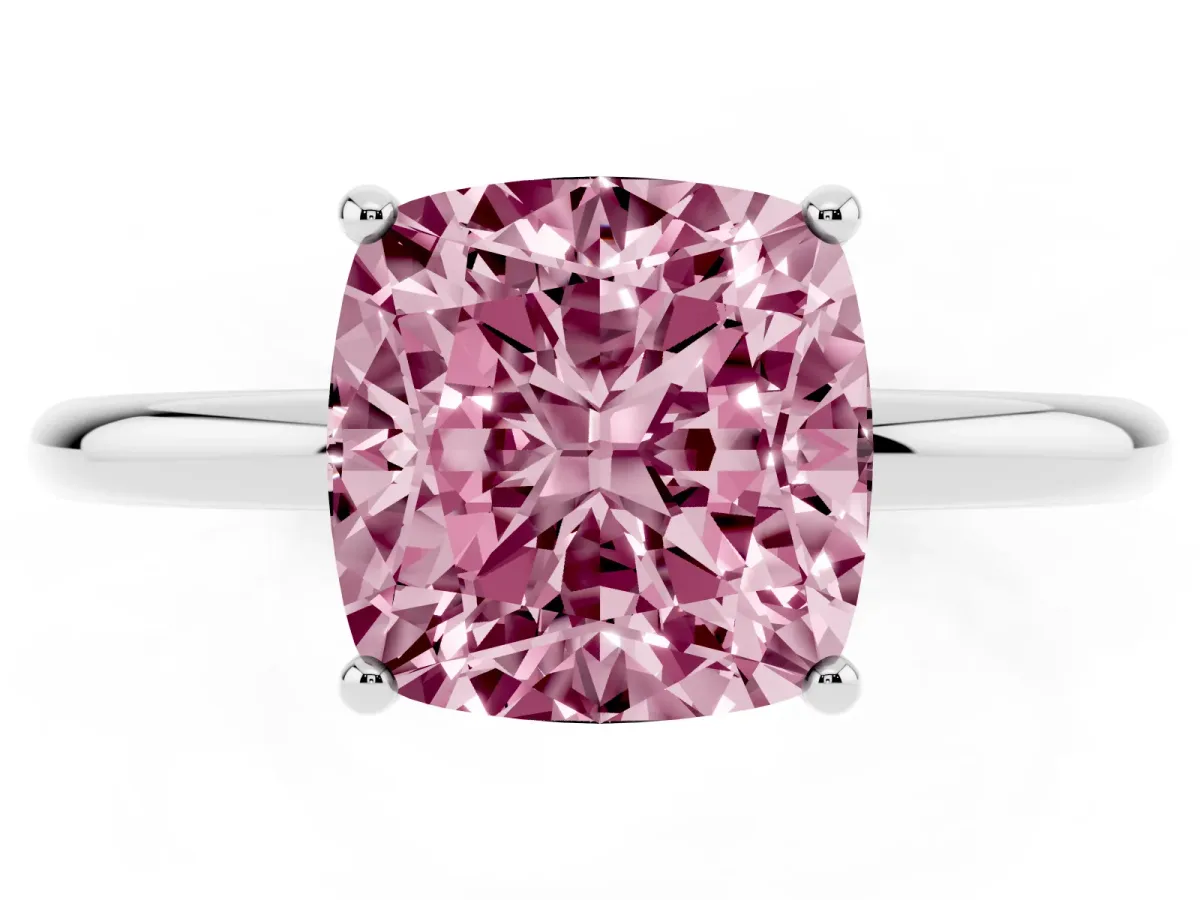 Fancy Pink Cushion Cut Solitaire Diamond Ring with a Classic Band and Four-Prong Setting Silver