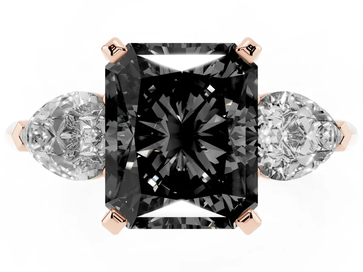 Fancy Black Three-Stone Radiant Cut Diamond Ring with Pear Side Stones and Four-Prong Setting Rose gold