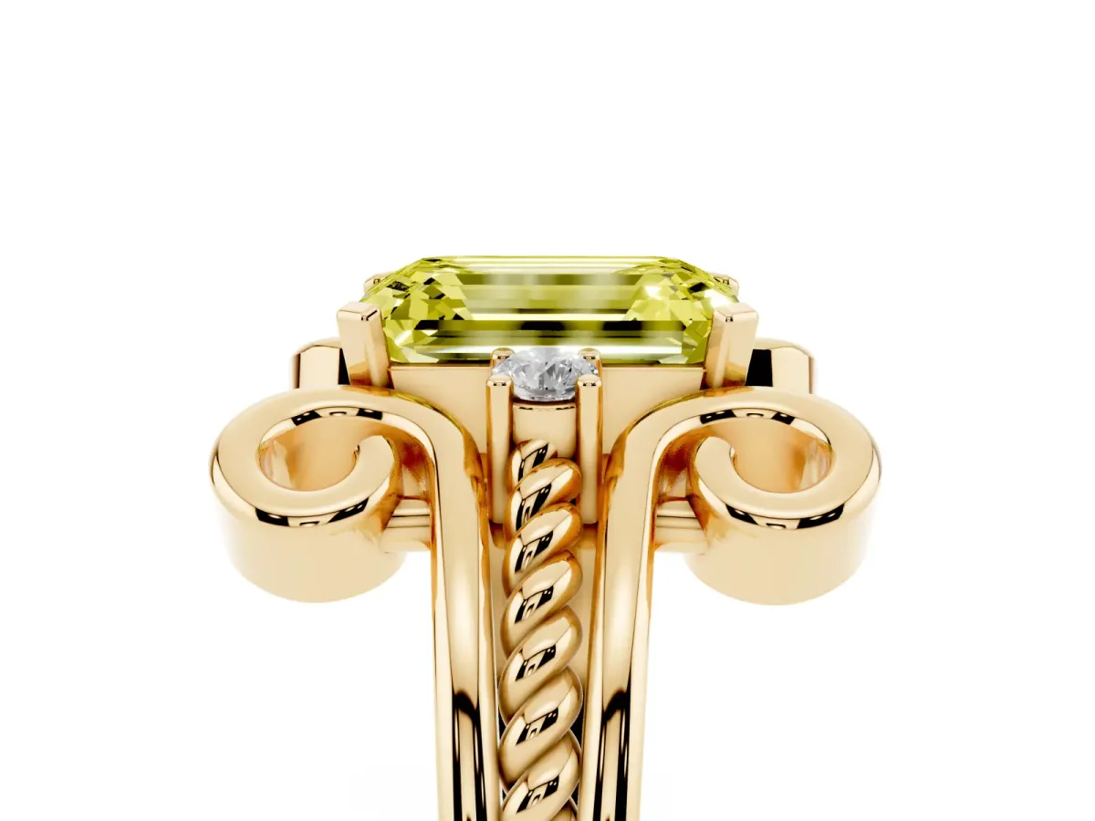 Fancy Yellow Emerald Cut Solitaire Twisted Band Scroll Prong Ring Yellow gold